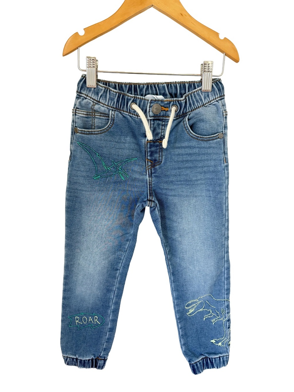 Marks & Spencer Kids Blue Denim Joggers with Green Dinosaur Embroidery